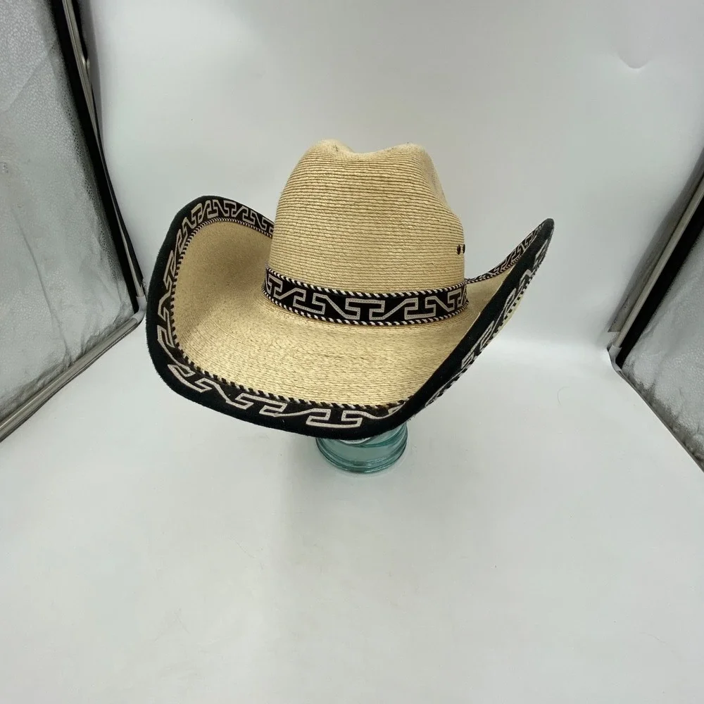 Large Straw Cowboy Hat Beige Black Greek Key Trim Western Rodeo Festival Charro